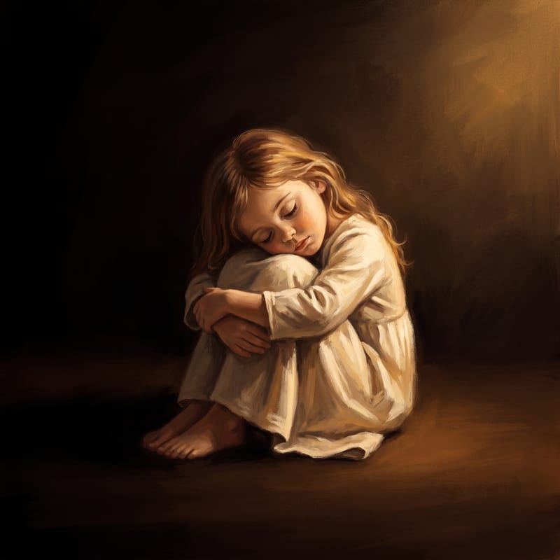 A little girl sitting alone in the dark