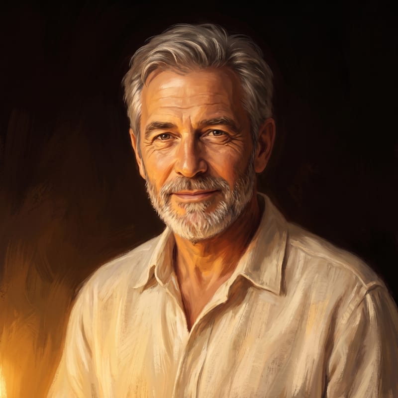 Painted portrait of a man in warm candlelight