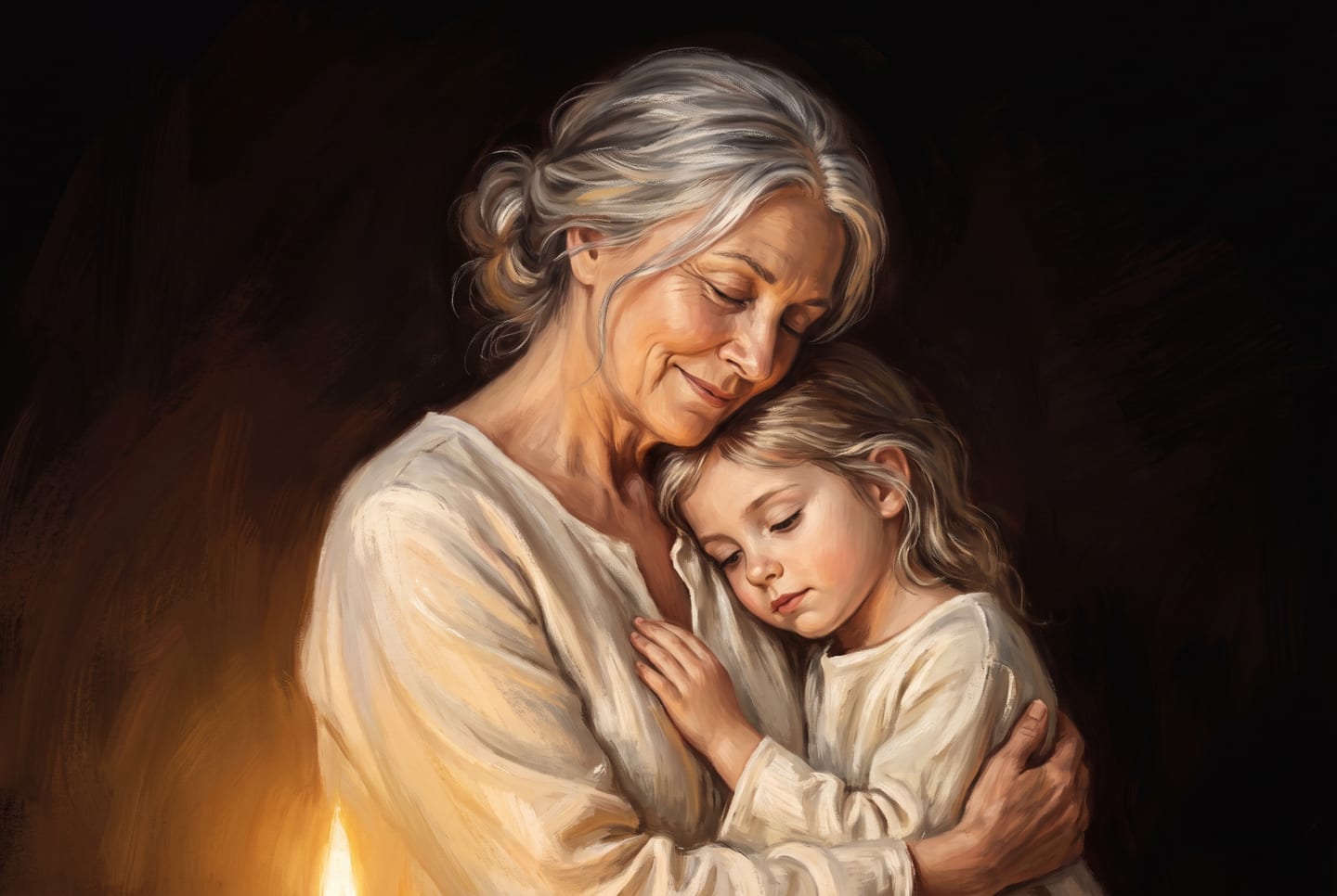 A silver-haired woman holds her younger self, a small girl, close in warm candlelight