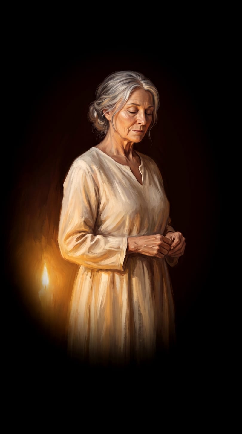 A woman standing alone, painted in warm candlelight against the dark