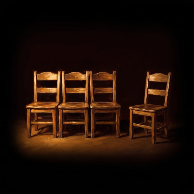 A row of empty chairs, one set slightly apart