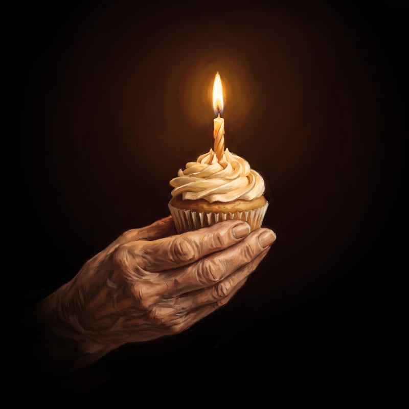 An older hand holding a small cupcake with one lit candle