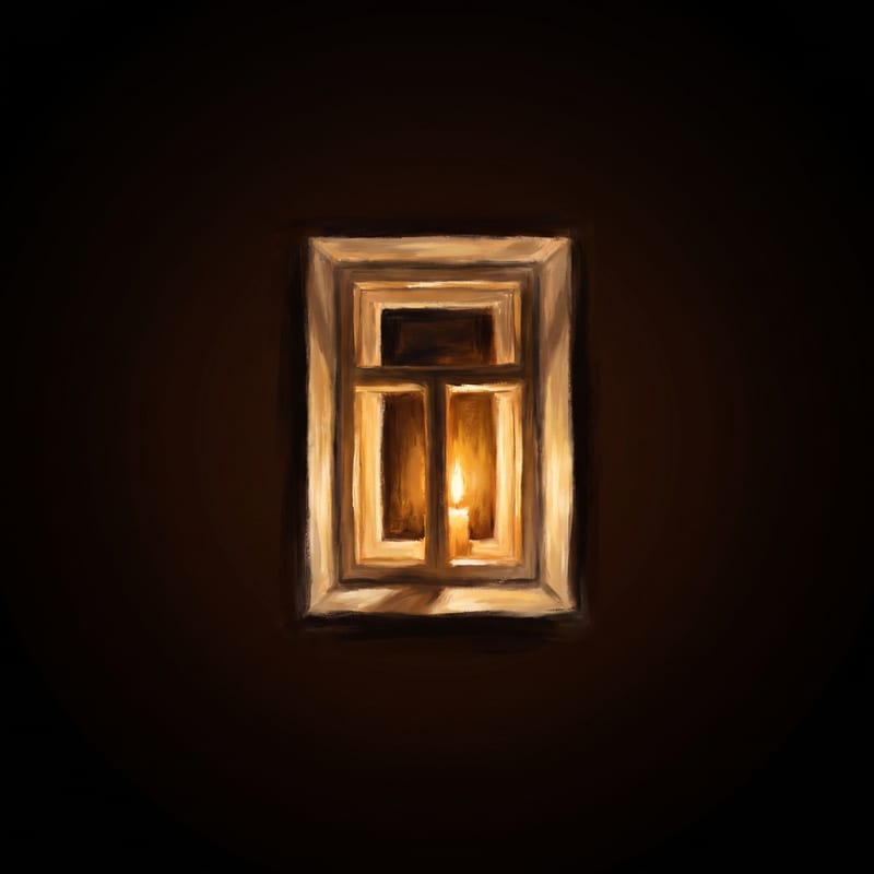 A window glowing with warm light, seen from outside at night