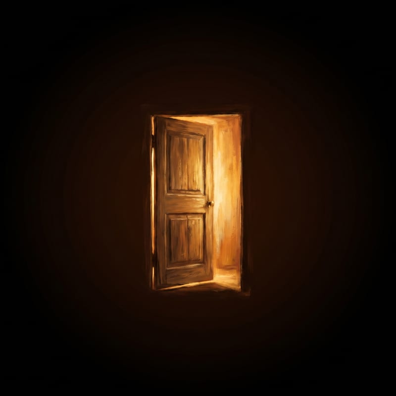 A door left slightly open with warm light coming through