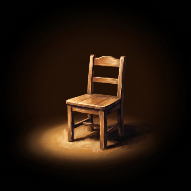 An empty wooden chair under a soft spotlight