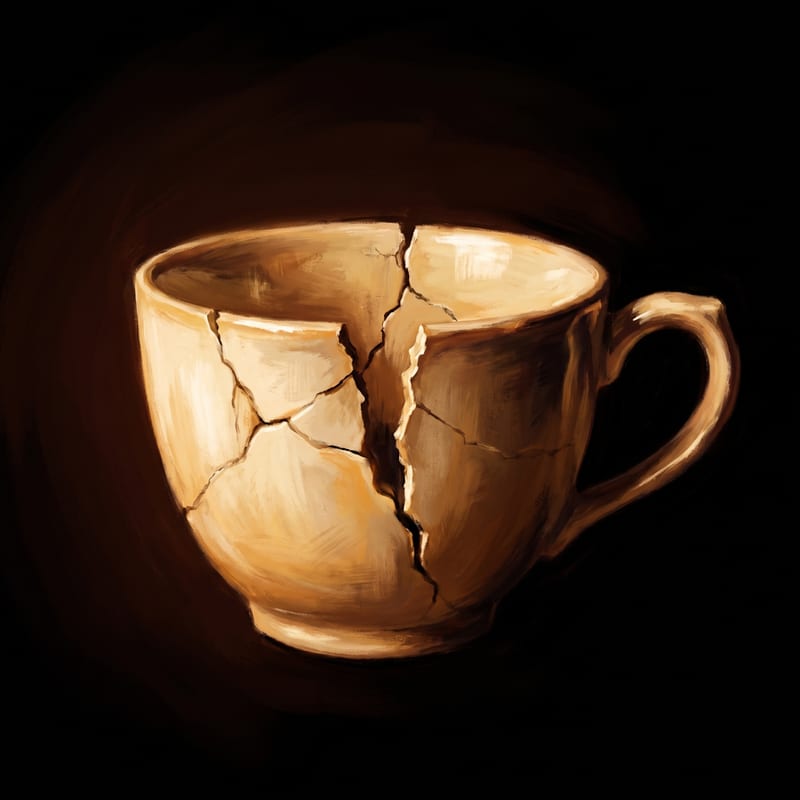 A cracked teacup, still standing